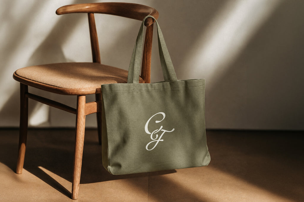 CF Amalfi monogram on olive canvas tote bag branding mockup